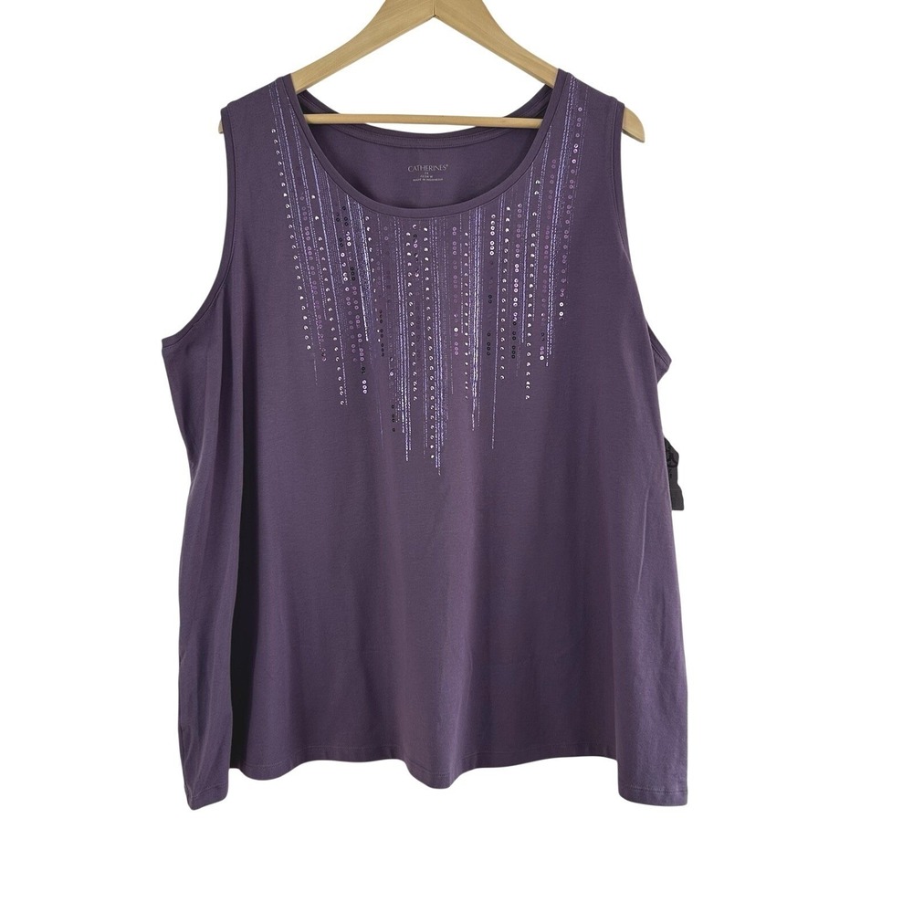 Catherines Purple Sleeveless Top Women 2X Stretch Knit Career Casual Embellished